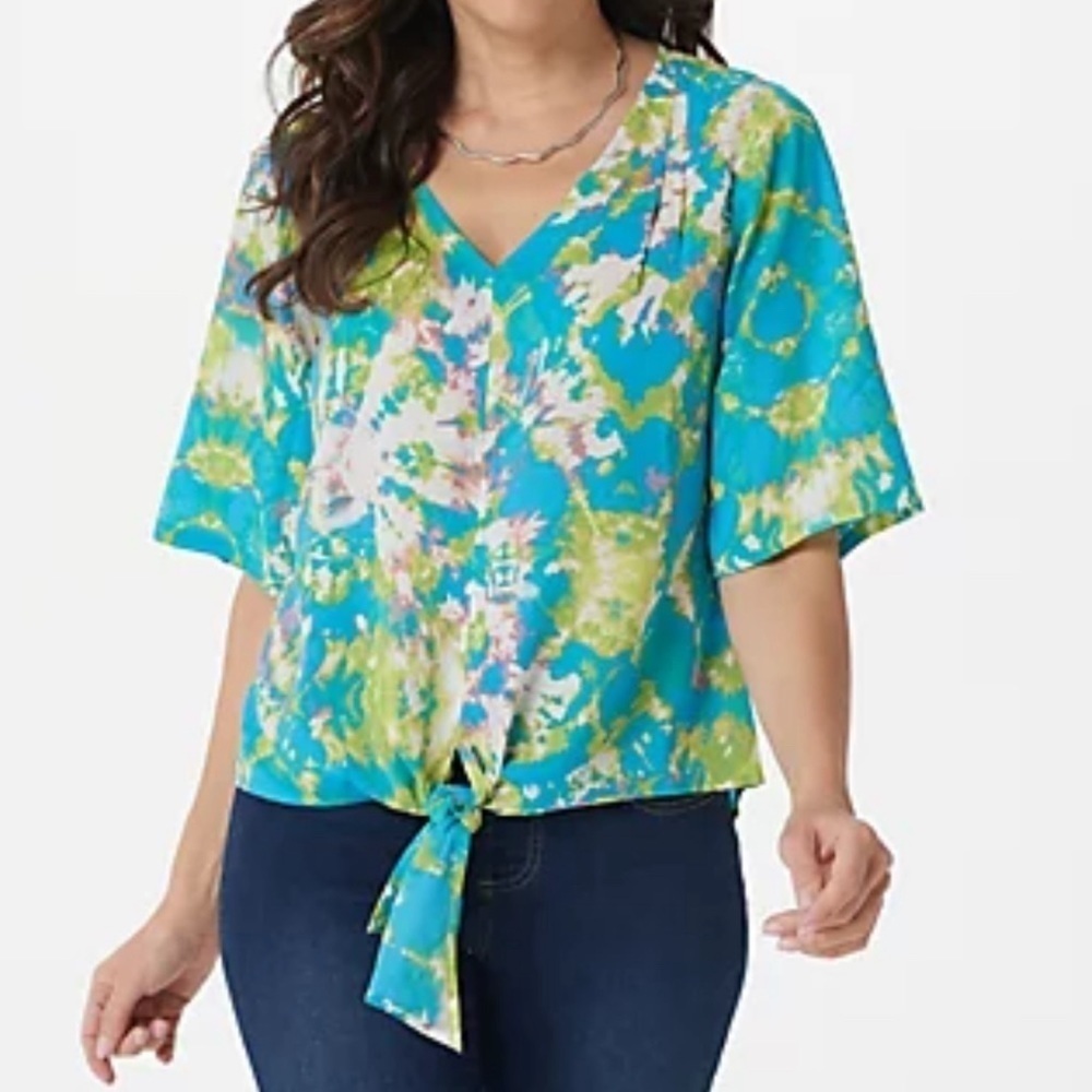 Belle by Kim Gravel woven tie dye blouse waist‎ tie plus size top 3X Boho Artsy